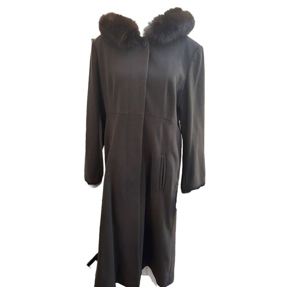Marvin Richards Size 12 Brown Genuine Fox Fur Wool Cashmere Hooded Long Coat - Picture 1 of 16